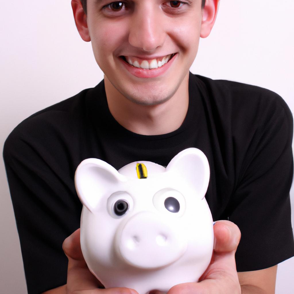 Person holding piggy bank, smiling