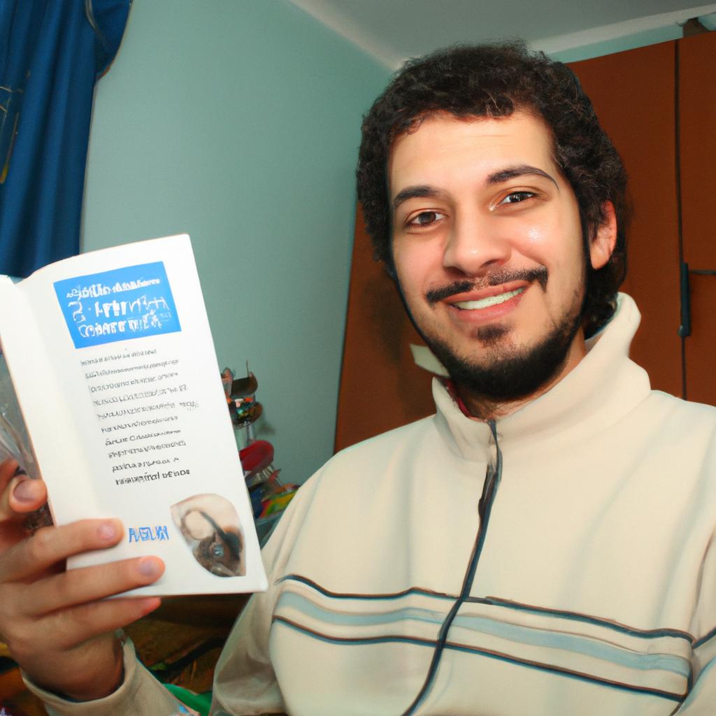 Person reading educational materials, smiling